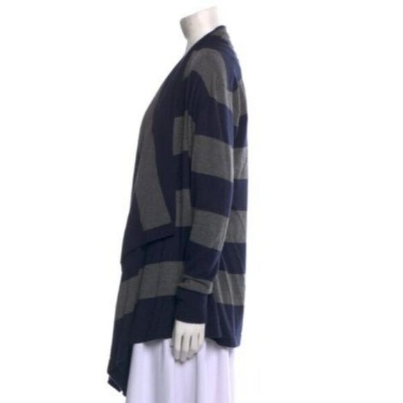 AUTUMN CASHMERE 100% Cashmere Cardigan Sweater L Open Waterfall Navy Stripe - Picture 2 of 3